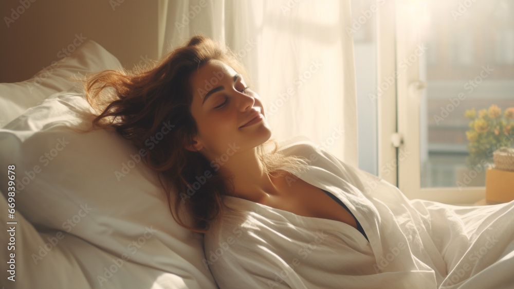 Brunette woman lying down on the white bed by the window. Lazy day off concept. Feeling calmness. Sleepy female keeping eyes closed while dreaming about future vacation or sleeping at the bedroom. Brunette woman lying down on the white bed by the window. Lazy day off concept. Feeling calmness. Sleepy female keeping eyes closed while dreaming about future vacation or sleeping at the bedroom.