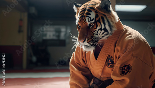 tiger wearing a gi in a dojo photo