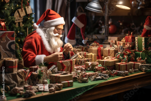 Santa Claus packs gifts for children in his workshop at the North Pole