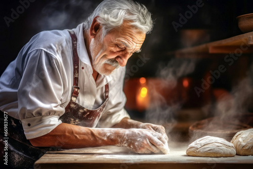 An elderly male baker prepares dough for bread in the kitchen. Kneads dough for baking. Homemade bread production. Fresh bakery. Private production.