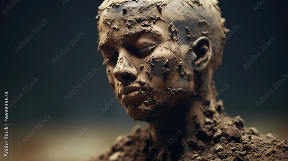 Mud-covered sculpture of human face.