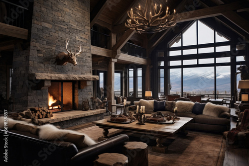 Cozy mountain cabin with a stone fireplace, log walls, and rustic furnishings © Nino Lavrenkova