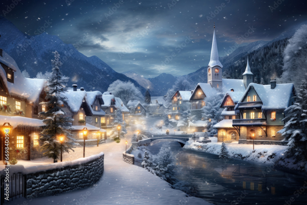 A snow-covered village in the mountains with festive Christmas twinkling lights. New Year's cozy evening under the moon