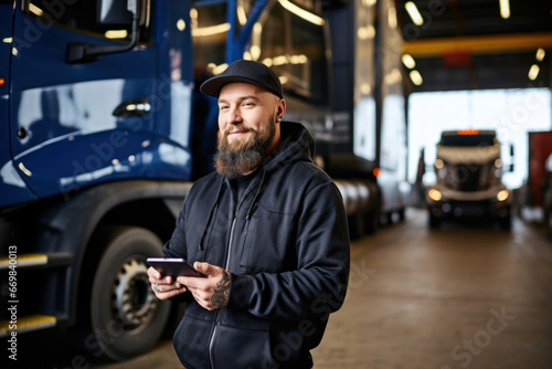 Smiling tattooed bearded blue collar worker in overalls using tablet to check on delivery while crouching in garage of import and export firm. In background are trucks., high key photo