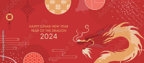 2024 Year of the Dragon. Chinese New Year Celebration Banner Design. Traditional, Festive, and Artistic Lunar Year Illustration Diagonal Template for Greeting Cards and Events photo