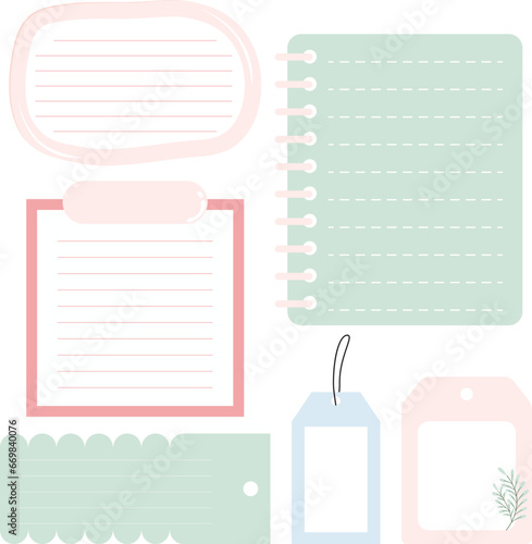 Vector set of kawaii scrapbook and journal memo pad, notepad and sticky notes elements.