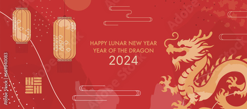 2024 Chinese New Year Banner. Year of the Dragon Card Template Design with Golden Dragon and Traditional Paper Festival Lanterns Background. Traditional Luxury Decorations.