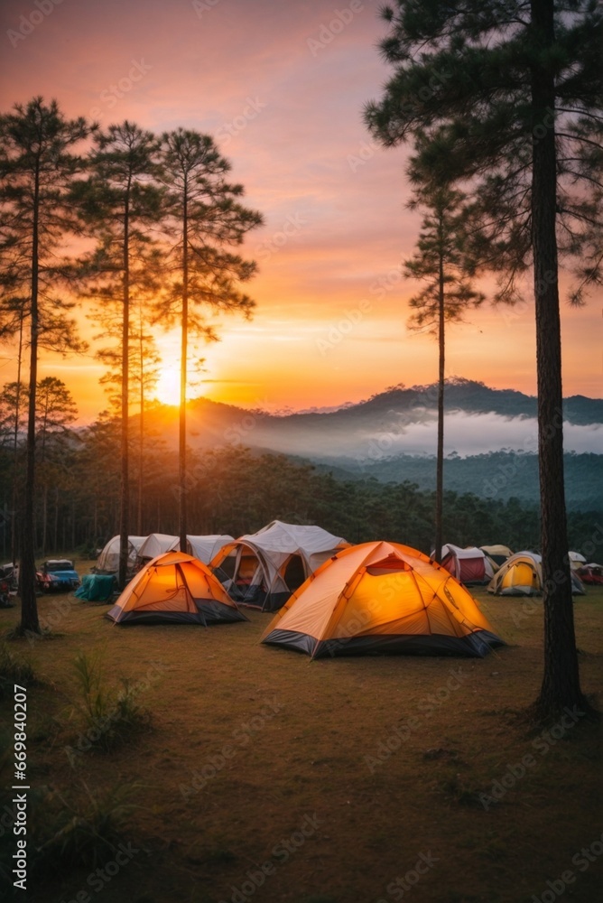 Camping on the top of the mountain at sunset, Thailand.