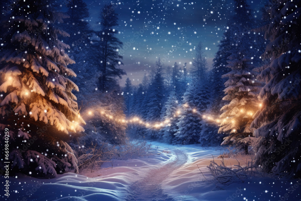 Snowy evening landscape in the forest with Christmas lights and starry sky. Snowy winter path in the forest