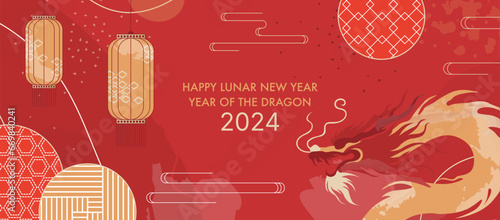 Lunar New Year 2024 Dragon Banner. Festive Chinese Celebration Design with Traditional Lanterns and Modern Artistic Illustration