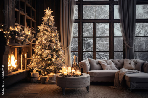 Sparkling lights in a cozy, bright New Year's white interior. Winter Christmas evening in a country house with a real burning fireplace