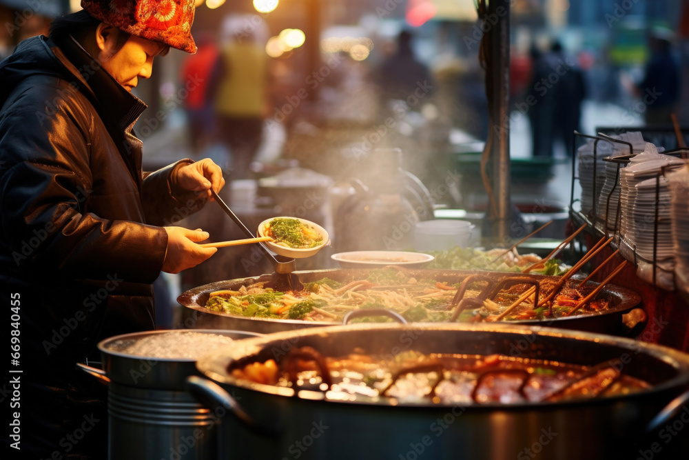 Asian street food market with a chef cooking woks