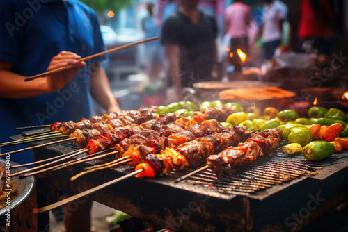 Asian Street food market with a chef preparing kebabs. meat skewers