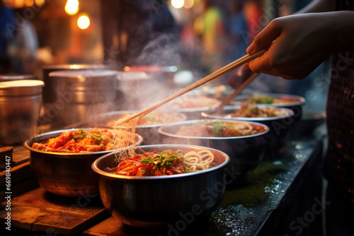 Asian street food market with a chef cooking woks