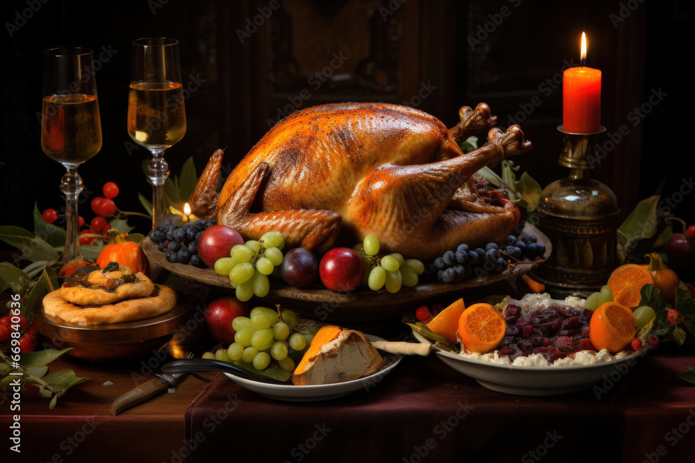 Traditional holiday dinner with turkey and vegetables. Thanksgiving table set