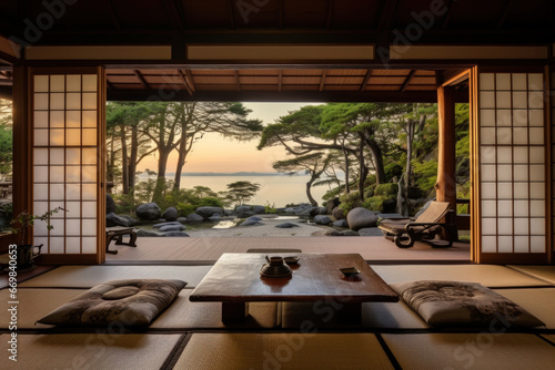 Traditional Japanese tatami room with sliding doors and low seating