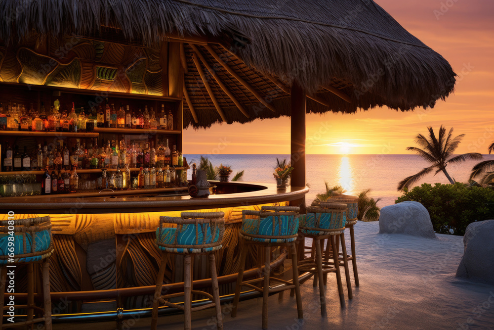 Tropical beach bar with colorful cocktails at sunset by the ocean