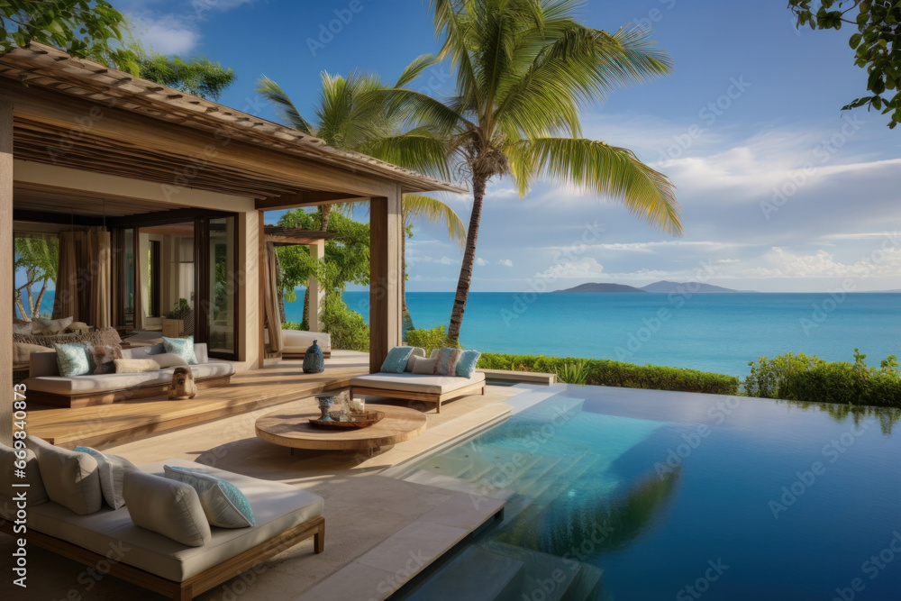 Tropical beachfront villa with a private infinity pool, palm trees, and ocean views