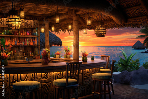 Tropical beach bar with colorful cocktails at sunset by the ocean © Nino Lavrenkova