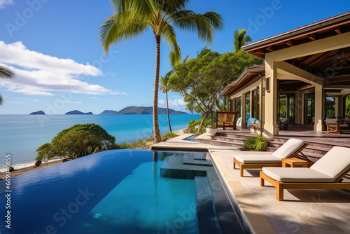 Tropical beachfront villa with a private infinity pool, palm trees, and ocean views © Nino Lavrenkova