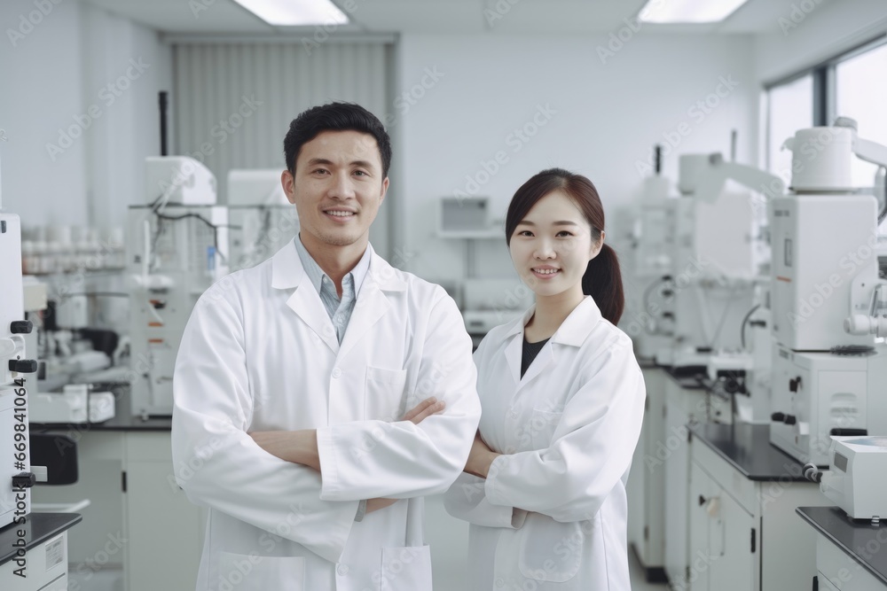 Portrait of a girl and a guy in a white coat scientists on the background of a workplace
