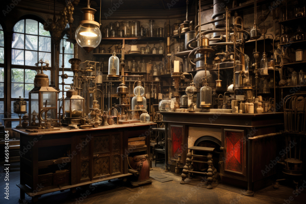 Victorian laboratory with intricate scientific apparatus, vials, and curious experiments - obrazy, fototapety, plakaty 