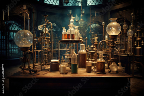 Victorian laboratory with intricate scientific apparatus, vials, and curious experiments