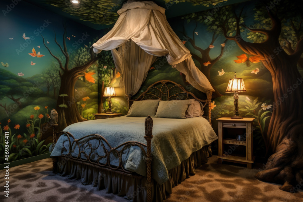Whimsical fairy-tale bedroom with a canopy bed, enchanted forest mural ...