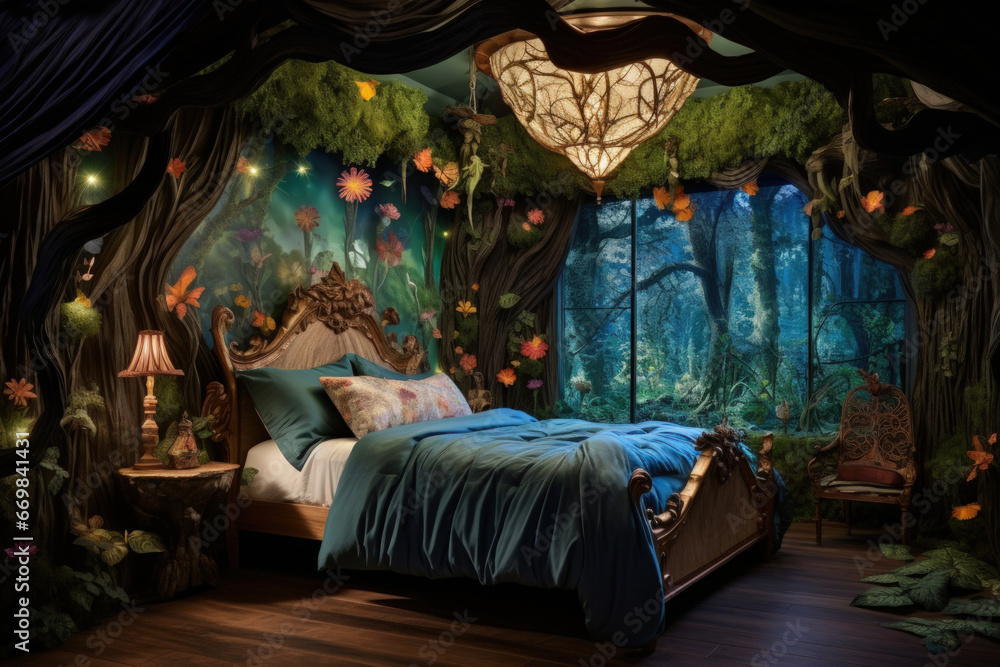 Whimsical fairy-tale bedroom with a canopy bed, enchanted forest mural