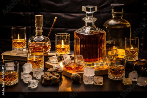 Whiskey tasting in an atmospheric living room. Wide selection of whiskey in crystal decanters and glasses
