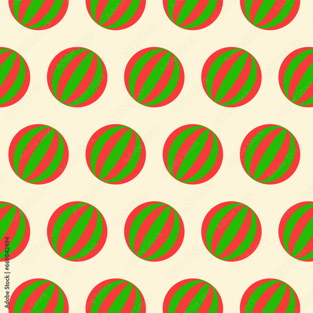Christmas seamless pattern.Red green ball repeat pattern isolated on beige background.Round circle geometry shape abstract vector illustration.