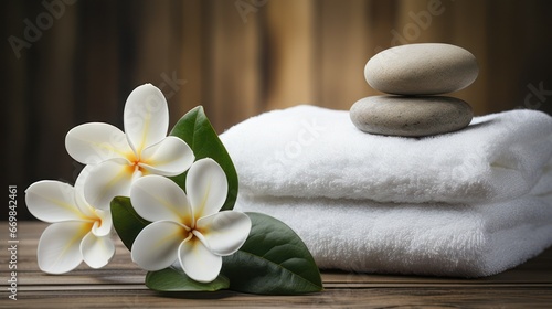 Towel jasmine flowers and spa massage stones