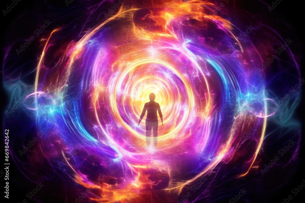 Abstract Neon Psychedelic whirlwind of energy around a person Abstract Neon Psychedelic whirlwind of energy around a person