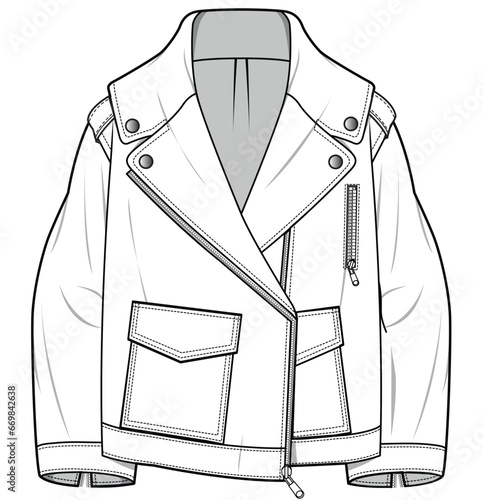womens oversized biker jacket with cargo pockets flat sketch vector illustration technical cad drawing template