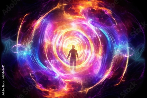 Abstract Neon Psychedelic whirlwind of energy around a person