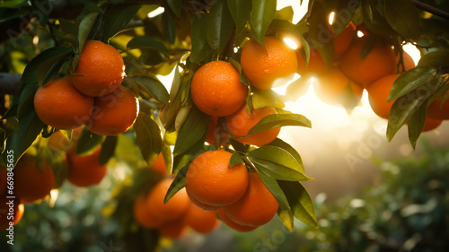bunch of juicy oranges grow hanging from a tree branch in the morning