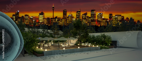 Project of an Outdoor Patio Restaurant Illuminated by City Skyline of Sidney - panoramic 3D Visualization photo