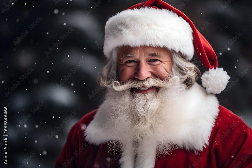 Santa Claus with white beard Smiling happily wearing a red Santa hat, Christmas snowing forest background, holiday landscape banner