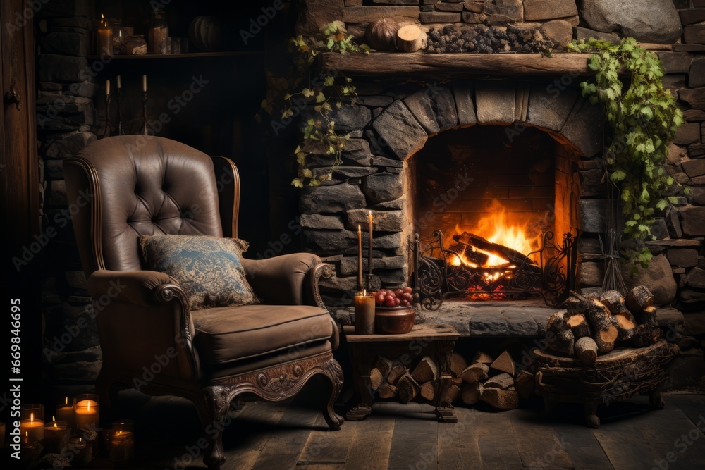 Autumn or winter burning fireplace cozy evening concept close up.