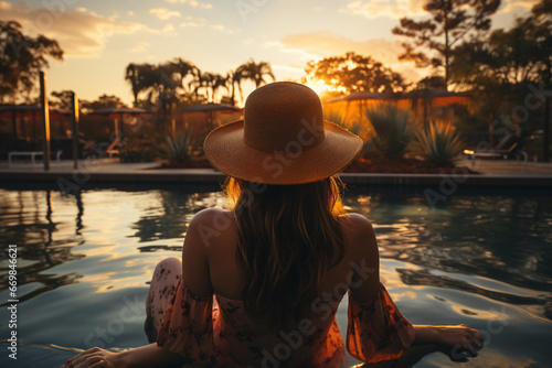 a woman in a hat and hat sitting next to a pool and watching the sunset sunset view 