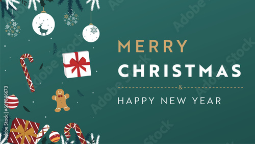 プレゼントやオーナメント、ジンジャーブレッドマンで飾られたクリスマス背景テンプレート（緑）　Christmas background template decorated with presents, and ornaments gingerbread men (green)