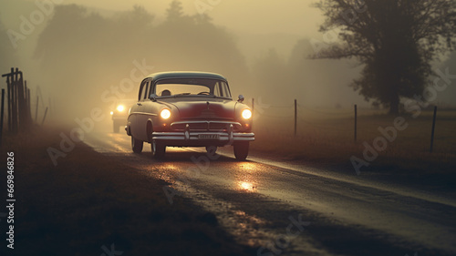 Vintage Silver Classic Car in 19th Century Countryside at Dusk 