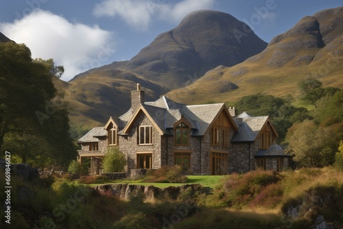 A residence in the highlands with a peak in the backdrop. Generative AI