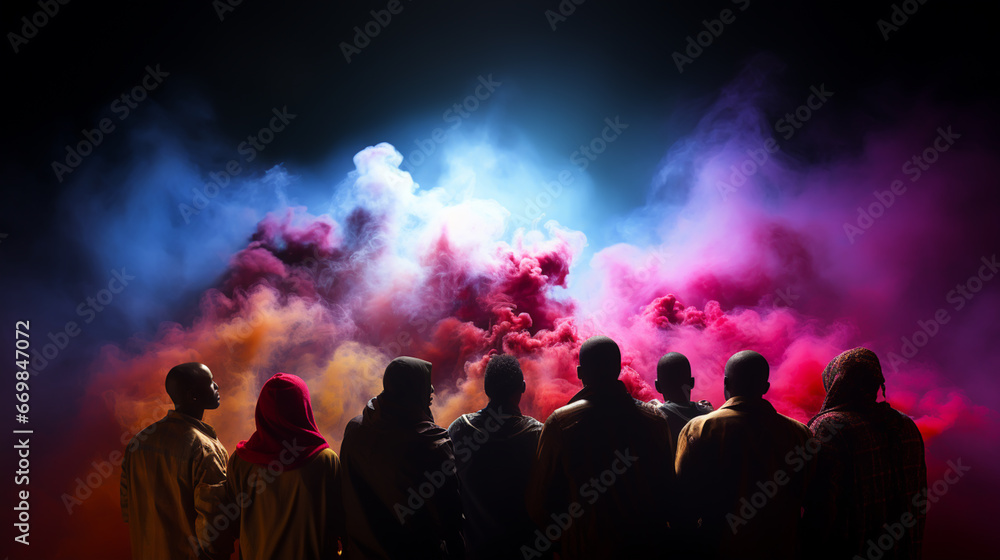 Group people on a background of colored smoke Group people on a background of colored smoke