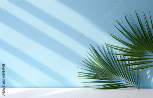 Empty white table top with tropical palm leaves on a blue wall background. High quality photo