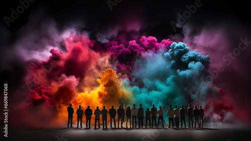 Group people on a background of colored smoke