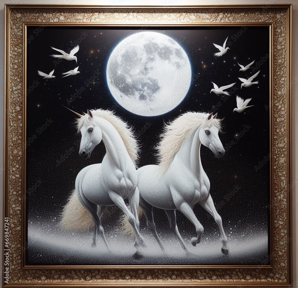 Beautiful painting of white horses black night sky full of stars and big moon framed in a 3D decorated frame hanging on the wall as wall art