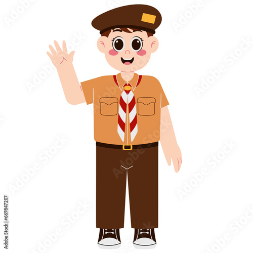 Happy Boy In Scout Hat Waving Illustration