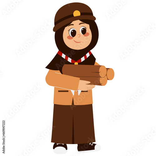 Scout Girl In Hijab Carrying Firewood Illustration