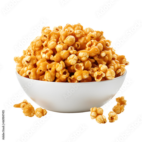 Golden Caramel Popcorn in a White Bowl Isolated PNG